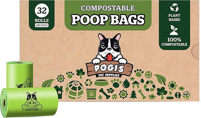 Pogi's Compostable Dog Poop Bags - 32 Rolls (480 Doggie Poop Bags) - Leak-Proof Dog Waste Bags, Plant-based ASTM D6400, EN13432 Certified Extra Large Poop Bags for Dogs