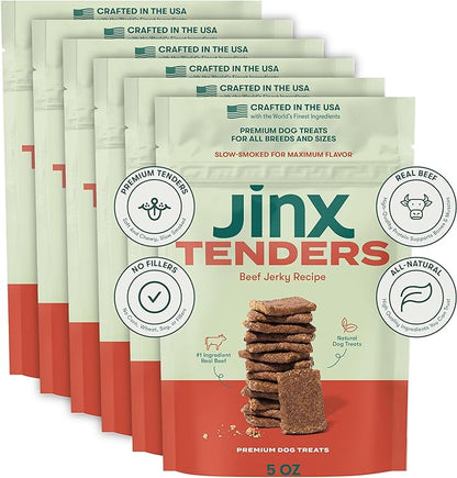 Jinx Tenders Soft Jerky Natural Dog Treats - Made with Slow-Smoked Real Beef & Liver, No Fillers, Low-Calorie - for Puppies, Adult, and Senior Dogs, 5 oz. Bags, 6-Pack - Beef
