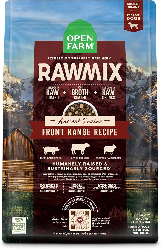 Open Farm RawMix Ancient Grains Front Range Recipe for Dogs, includes Kibble, Bone Broth, and Freeze Dried Raw, Inspired by The Wild, Humanely Raised Protein and Non-GMO Fruits and Veggies, 20 lb