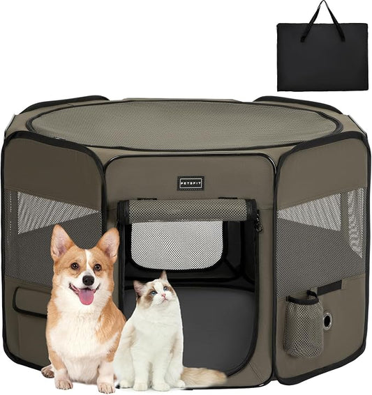 PETSFIT Dog Playpen, 36" Dia Sturdy Foldable Puppy Playpen for Dogs Cats Indoor/Outdoor, Portable Pet Playpen with Carring Case, Removable Mesh Zipper Top and Waterproof Playpen Mat Grey-Black M