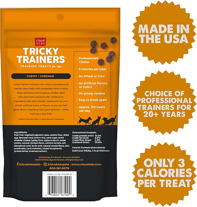 Cloud Star Tricky Trainers Soft & Chewy Dog Training Treats 5 oz Pouch, Cheddar Flavor, Low Calorie Behavior Aid with 130 treats