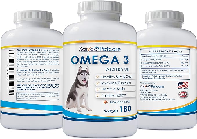 Omega 3 Fish Oil for Dogs - Natural Pet Supplement for Shiny Coat - Wild Caught More EPA & DHA Than Salmon Oil - 180 Capsules No Fishy Smell or Mess - Ideal for Medium Large Dogs