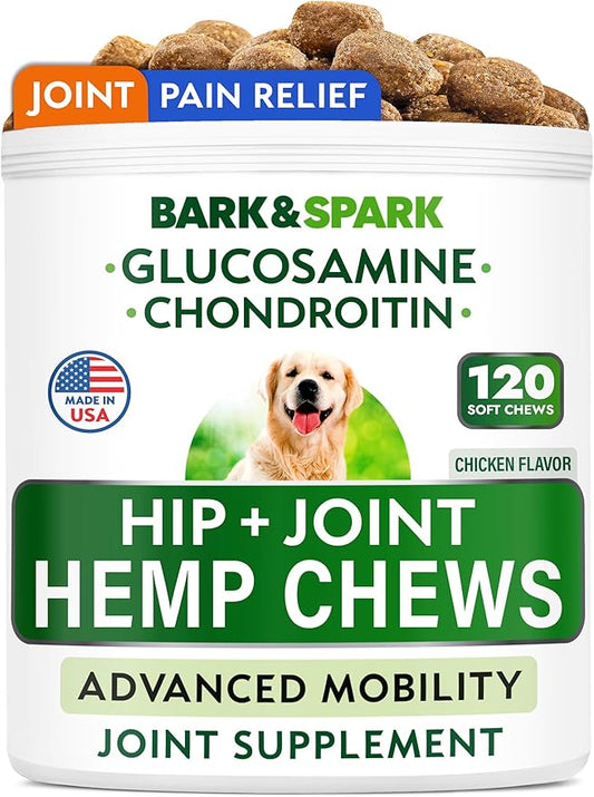 Bark&Spark Advanced Hemp Chews for Dog Joint Pain Relief - Glucosamine Chondroitin Hemp Treats Hip Joint Health - Joint Supplement Large Breed & Small - Hemp Treats Joints Old Senior Dog (120Ct)