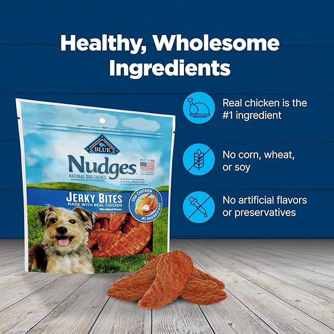 Blue Buffalo Nudges Jerky Bites Dog Treats, Made in the USA with Natural Ingredients, Bite-Sized Pieces, Chicken, 5-oz. Bag