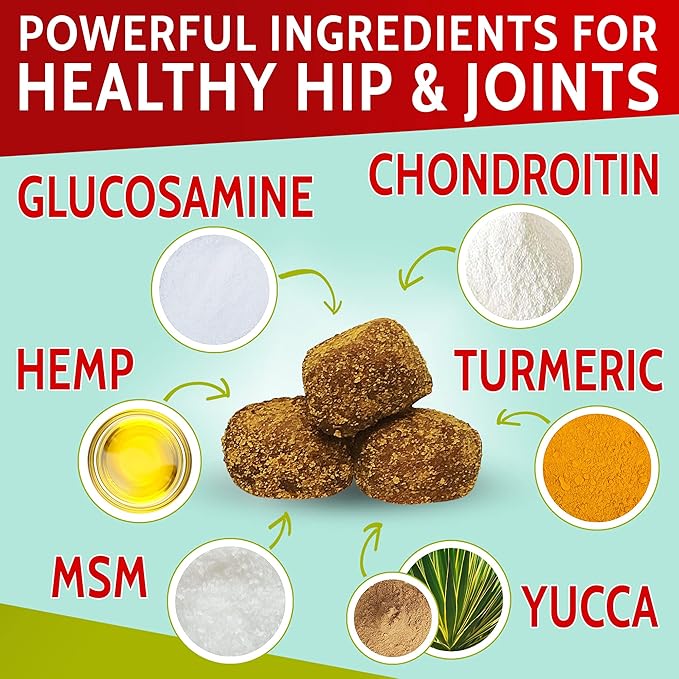 Hemp + Glucosamine Treats for Dogs - Made in USA Hip & Joint Supplement w/Hemp Oil Chondroitin MSM Turmeric - Natural Pain Relief - All Breeds Sizes - 120 Soft Chews