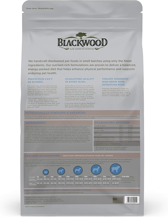 Blackwood Special Diet All Life Stages Dry Dog Food, 15Lb., Catfish & Pearled Barley Recipe, Sensitive Skin and Stomach, Grain Free Dog Food