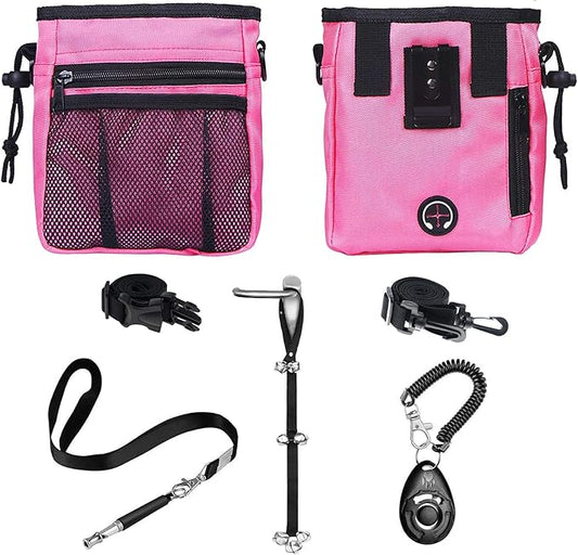 4-in-1 Dog Training Set, Puppy Training Treats- Dog Treat Training Pouch, Dog Whistle, Dog Doorbells, Dog Clicker, Ideal Gift for First Time Pet Owners, Training Dog Owners (Pink)