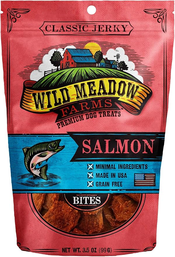 Wild Meadow Farms - Classic Salmon Bites, Soft Jerky Treats for Dogs, Grain-Free & All-Natural, Ideal for Training, Portioning, and High-Value Rewards for All Breeds & Ages - 3.5 Ounce Pouch