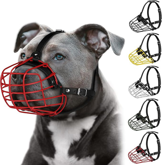 Pitbull Dog Muzzle Metal Mask Amstaff Secure Wire Basket Adjustable Durable Leather Straps for Large Dogs (Red)