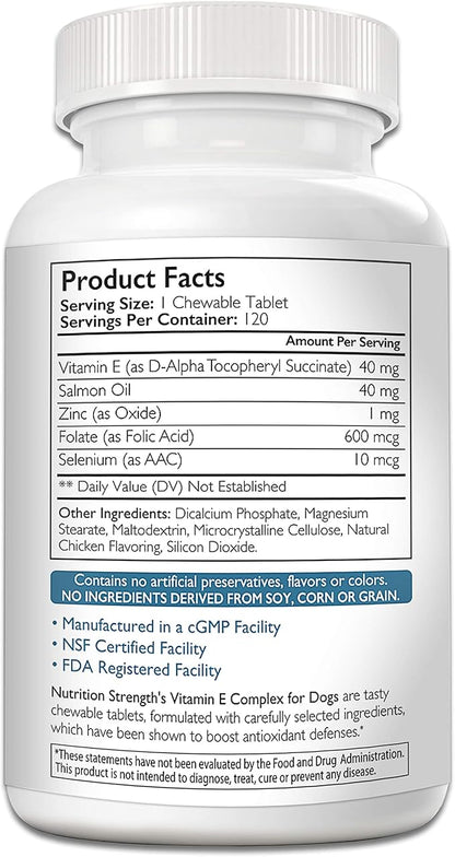 Vitamin E for Dogs, Promote Cardiovascular Health, Support Cell Membranes, Vitamin E Complex to Boost Dog Immune System Plus Zinc, Selenium, Folate, Salmon Oil, 120 Chewable Tablets