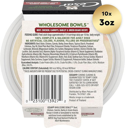 CESAR WHOLESOME BOWLS Adult Soft Wet Dog Food Beef, Chicken, Carrots, Barley & Green Beans Recipe, (10) 3 oz. Bowls