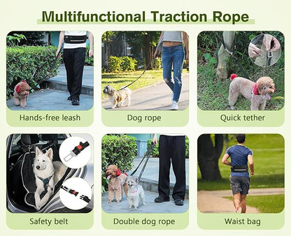 Pecute Hands Free Dog Leash with Pouch, Waist Belt Fanny Pack with Soft Pads, Dual Padded Handles and Durable Bungee for Walking, Hiking, Jogging Biking, and Running (Up to 220lbs) Black