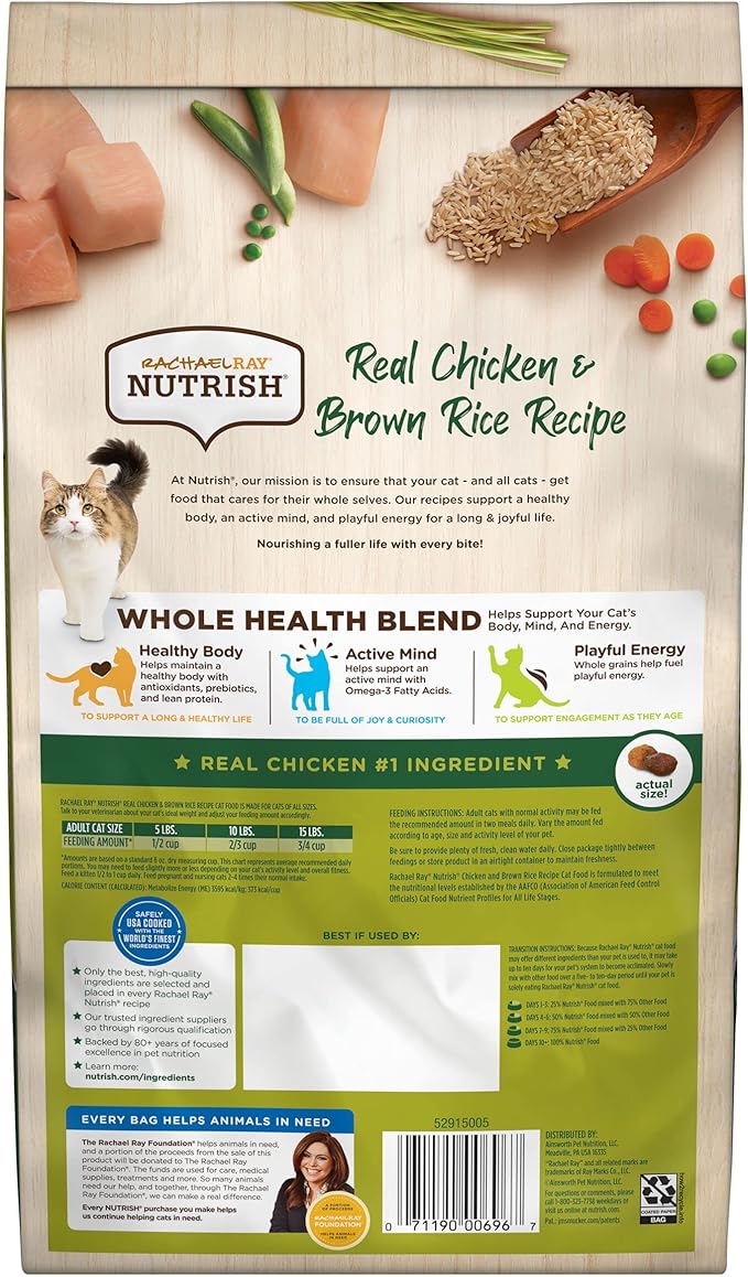 Rachael Ray Nutrish Premium Natural Dry Cat Food with Added Vitamins, Minerals & Other Nutrients, Real Chicken & Brown Rice Recipe, 3 Pound Bag
