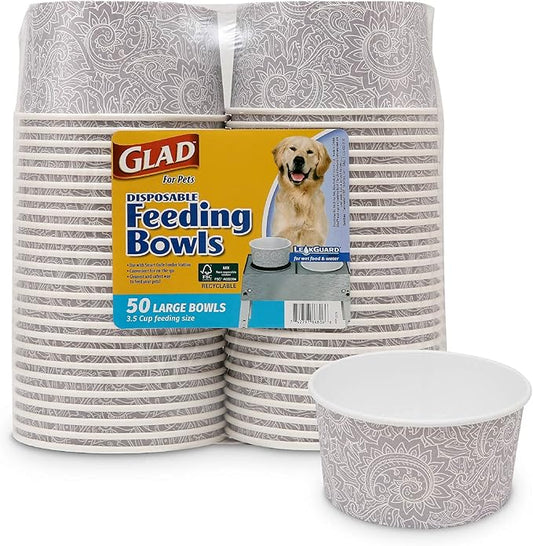 Glad for Pets Disposable Feeding Bowls | Large Disposable Dog Bowls in Gray Pattern | 3.5 Cup Feeding Size, 25 Count - Dog Bowls are Great for Dry and Wet Dog Food or Water