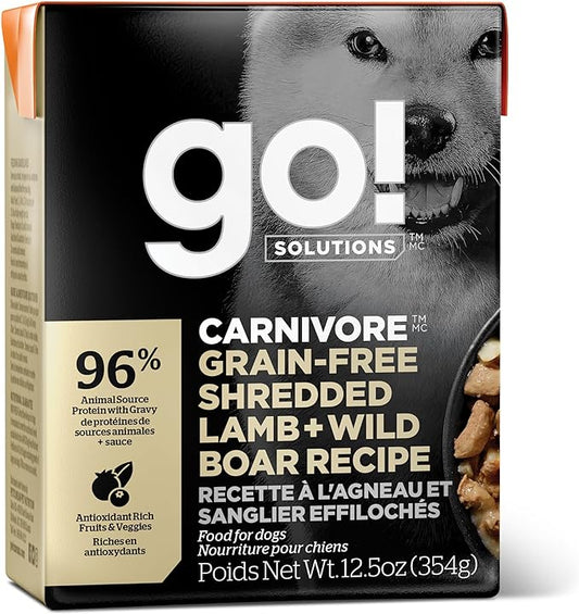 GO! SOLUTIONS Carnivore Protein Rich Wet Dog Food - Grain Free Shredded Lamb and Wild Boar - Complete & Balanced Nutrition for All Life Stages, 12.5 oz