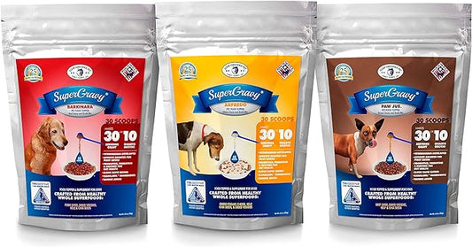 SuperGravy Original Trio- 30-Scoop bags- Natural Dog Food Gravy Topper - Hydration Broth Food Mix - Human Grade – Kibble Seasoning for Picky Eaters – Gluten Free Grain Free Total 90 Scoops