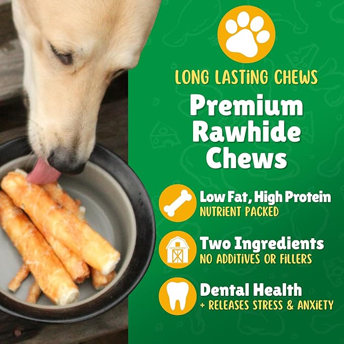 Lucky Premium Treats Chicken Wrapped Dog Treats – USA Made Raw Hide Sticks for Medium Dogs – Long Lasting, Preservative Free Dog Treats – 32 Chews