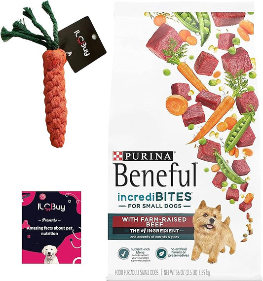 Beneful Incredibites for Small Dogs Nutritious Small Breed - Beef Flavor - 3.5 lb Bag. Bundle Includes a Dog Toy Carrot and a Pet Nutrition Booklet