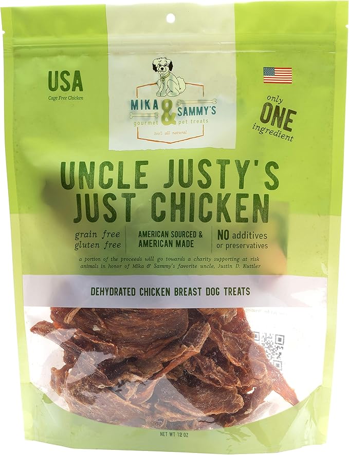 Gourmet Jerky Dog Treats - Natural Dog Treat Chicken Jerky for Dogs, Nutritious and Tasty Dog Jerky Treats Made in USA only, Cage-Free Chicken, No Additives (Mika & Sammy's Uncle Justy's 12 oz)