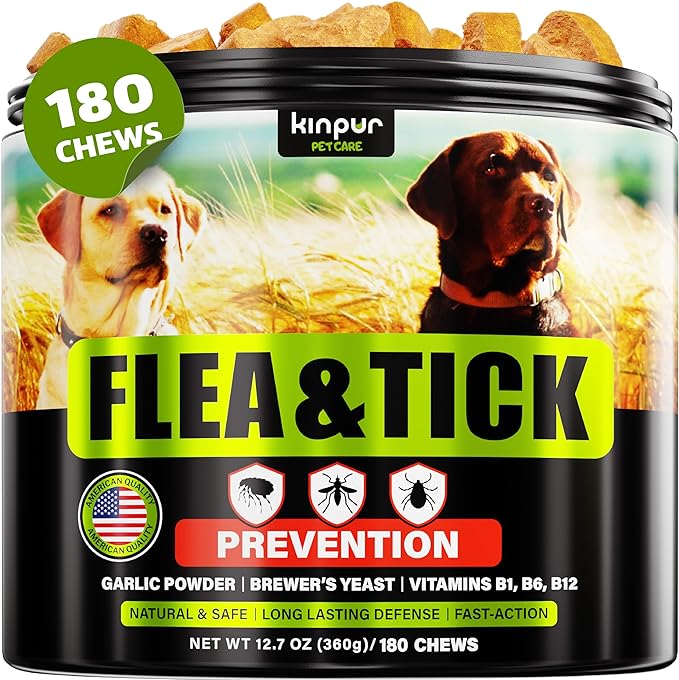 Flea and Tick Prevention Chewable for Dogs - No Collars, No Mess - Easy Help with Flea and Tick for Dogs - American Quality - for All Breeds and Ages - Duck-Flavored Treats - 180 Flea Chews for Dogs