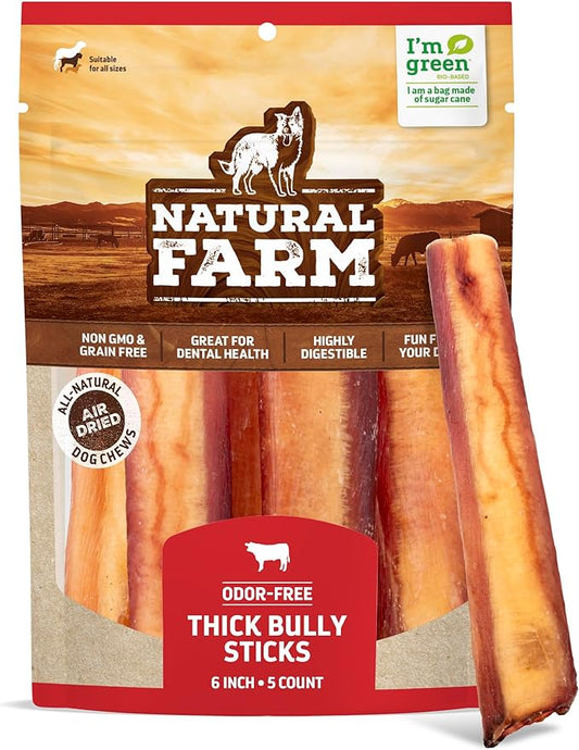 Natural Farm Odor-Free Thick Bully Sticks (6”, 5-pack) ALL-NATURAL Long-Lasting Dog Chews, 100% Beef Pizzle, Grass-Fed, Grain-Free, Protein for Muscle Development & Energy, Perfect for Medium Chewers