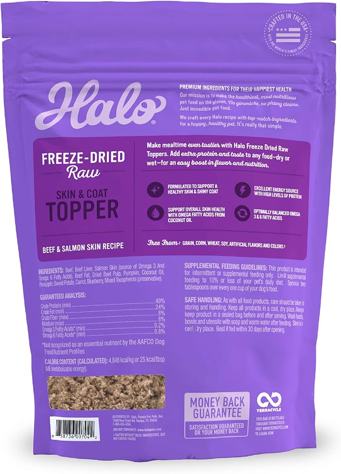 Halo Freeze Dried Raw Skin & Coat Topper, Beef And Salmon Skin Recipe, Raw, Real Meat Topper, All Life Stages, 1lb Bag