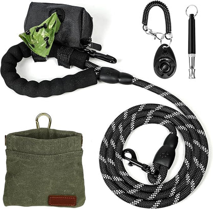 Dog Treat Pouch Training Kit, Small Puppy Treat Bag with Clip, Dog Clicker and Whistle for Pet Training, 5ft Leash with Padded Handle, Dog Poop Bag Dispenser for Leash(Poop Bag Included).