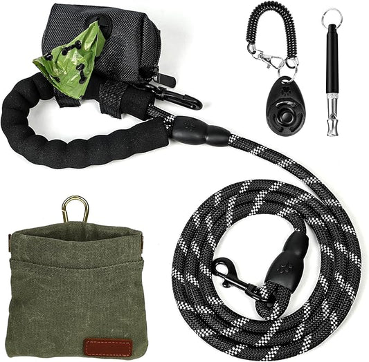 Dog Treat Pouch Training Kit, Small Puppy Treat Bag with Clip, Dog Clicker and Whistle for Pet Training, 5ft Leash with Padded Handle, Dog Poop Bag Dispenser for Leash(Poop Bag Included).