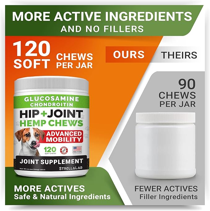 Hemp + Glucosamine Dog Joint Supplement - Hemp Chews for Dogs Hip Joint Pain Relief - Omega 3, Chondroitin, MSM - Advanced Mobility Hemp Oil Treats - Bacon Flavor - 120 Ct - Made in USA