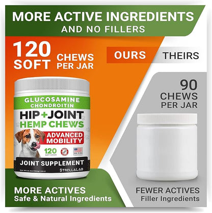 Hemp + Glucosamine Dog Joint Supplement - Hemp Chews for Dogs Hip Joint Pain Relief - Omega 3, Chondroitin, MSM - Advanced Mobility Hemp Oil Treats - Bacon Flavor - 120 Ct - Made in USA