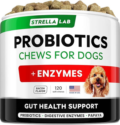 StrellaLab Dog Probiotics Treats for Picky Eaters - Digestive Enzymes + Prebiotics - Chewable Fiber Supplement - Allergy, Diarrhea, Gas, Constipation, Upset Stomach Relief - Improve Digestion&Immunity