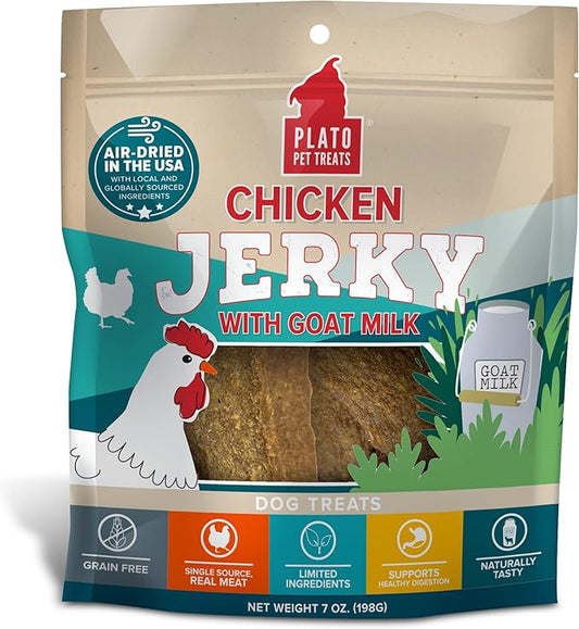 PLATO Pet Treats Air Dried, Real Meat, Chicken Jerky with Goat's Milk Dog Treats, Made in The USA, Grain Free, 7oz