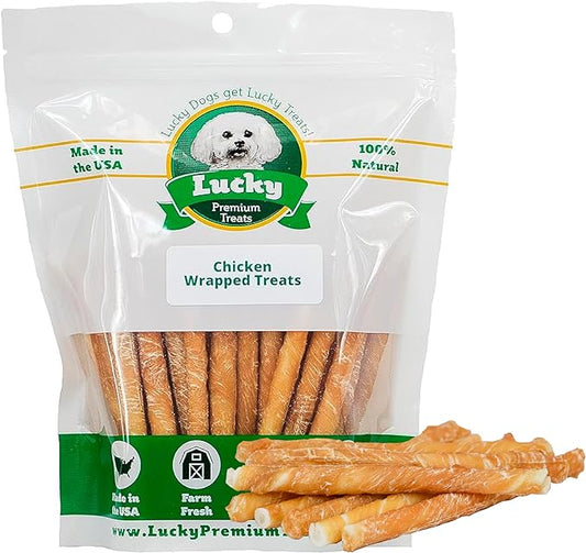 Lucky Premium Treats Chicken Wrapped Dog Treats – USA Made Raw Hide Sticks for Small & Toy Size Dogs – Long Lasting, Preservative Free Dog Treats – 80 Chews