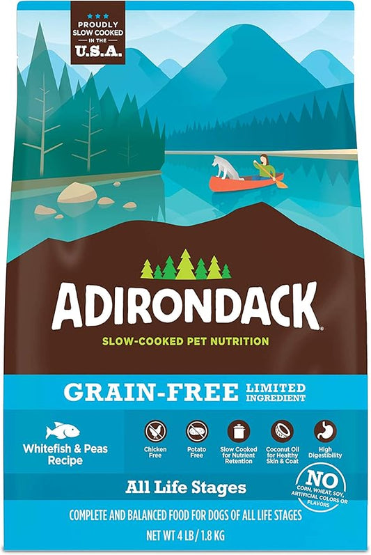 Adirondack Dog Food Made in USA [Limited Ingredient Grain Free Dog Food], All Life Stages Dry Dog Food, Whitefish and Peas Recipe, 4 lb. Bag