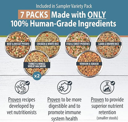 JustFoodForDogs Frozen Fresh Dog Food Sampler Human Grade Dog Food Variety Box, Complete Meal or Dog Food Topper, 18 oz (Pack of 7)