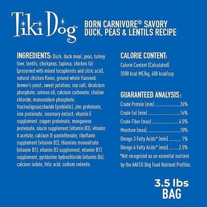 Tiki Dog Born Carnivore for Dogs, Savory Duck, Peas & Lentils Recipe, Grain Free Baked Kibble for Maximum Nutrition, For Adult Dogs and All Size Breed Dogs, 3.5 lbs Bag