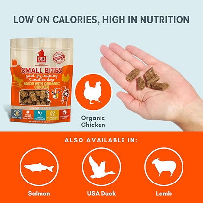 PLATO Small Bites Dog Treats, Natural Bite Sized Real Meat & Chicken Flavor, Grain Free & High in Protein, Air Dried Authentic Ingredients, 2 Calories Per Treat, Made in the USA, 2.5 Ounces