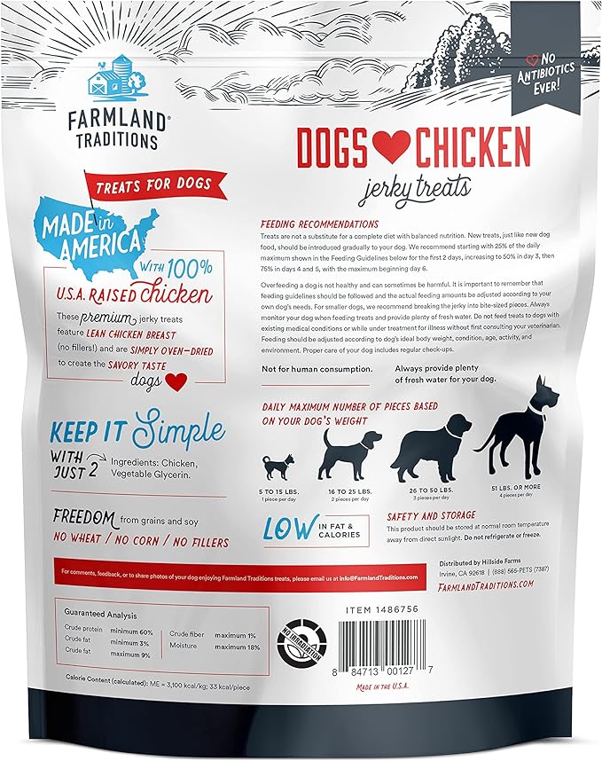 Farmland Traditions Dogs Love Chicken Premium Two Ingredients Jerky Treats for Dogs (3 lbs. No Antibiotics Ever USA Raised Chicken)