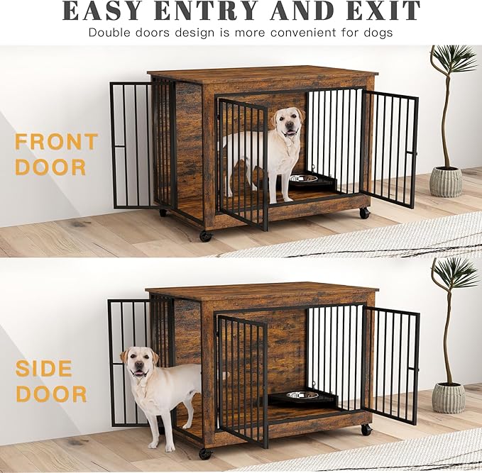 39 Inch Large Wooden Dog Crate Furniture with 180° Rotatable Bowl, Brown Multi-Functional Dog Crate End Table with Wheels, Furniture Dog Crate for Large Dogs with Flip-up Top Opening