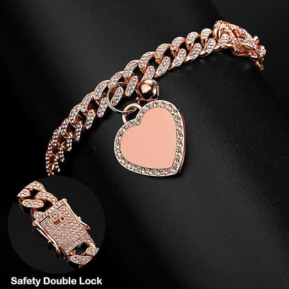 Hillban Dog Chain Rose Gold-plated Diamond Collar with Heart Rhinestones Jewelry Accessories Pet ID Tag Chain Heart Bling Collar with Personalized Name Tag for Small Medium Large Dogs Cats(8 Inch)