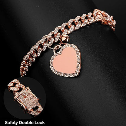 Hillban Dog Chain Rose Gold-plated Diamond Collar with Heart Rhinestones Jewelry Accessories Pet ID Tag Chain Heart Bling Collar with Personalized Name Tag for Small Medium Large Dogs Cats(10 Inch)