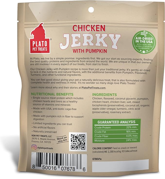 PLATO Pet Treats Air Dried, Real Meat, Chicken Jerky with Pumpkin Dog Treats, Made in The USA, Grain Free, 7oz