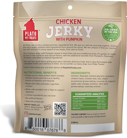PLATO Pet Treats Air Dried, Real Meat, Chicken Jerky with Pumpkin Dog Treats, Made in The USA, Grain Free, 7oz