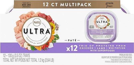 NUTRO ULTRA Adult Grain Free Soft Wet Dog Food, Trio of Proteins Chicken, Lamb & Whitefish Paté, 3.5 oz. Trays, Pack of 12