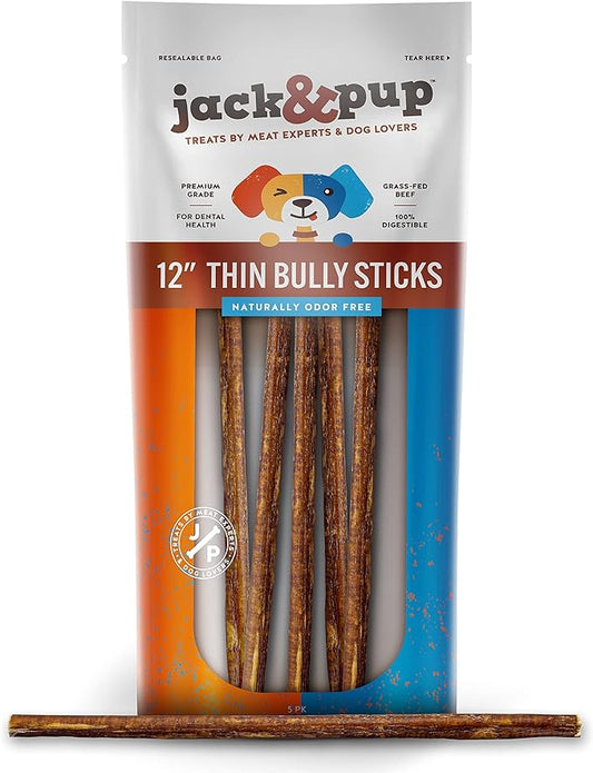 Jack&Pup Thin Dog Bully Sticks Odor Free, Bully Sticks for Dogs, Healthy Dog Treats Bully Sticks for Small Dogs, Beef Dog Chews, Pizzle Chew Sticks for Dogs (12-Inch Thin Bully Stick, 5 Pack)