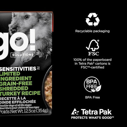 GO! SOLUTIONS Sensitivities Limited Ingredient Wet Dog Food - Grain Free Shredded Turkey Recipe - Complete & Balanced Nutrition for All Life Stages, 12.5 oz