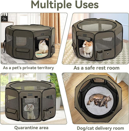 PETSFIT Dog Playpen, 45.5" Dia Sturdy Foldable Pet Playpen for Dogs Indoor/Outdoor, Portable Pet Playpen with Carring Case, Removable Mesh Zipper Top and Waterproof Playpen Mat Grey-Black L