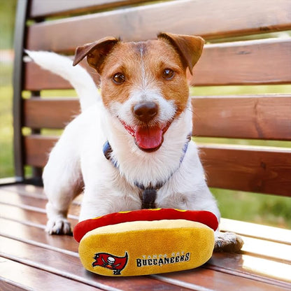 Pets First NFL Tampa Bay Buccaneers HOT Dog Plush Dog & CAT Squeak Toy - Cutest HOT-Dog Snack Plush Toy for Dogs & Cats with Inner Squeaker & Beautiful Football Team Name/Logo 8 x 5 x 3 Inches
