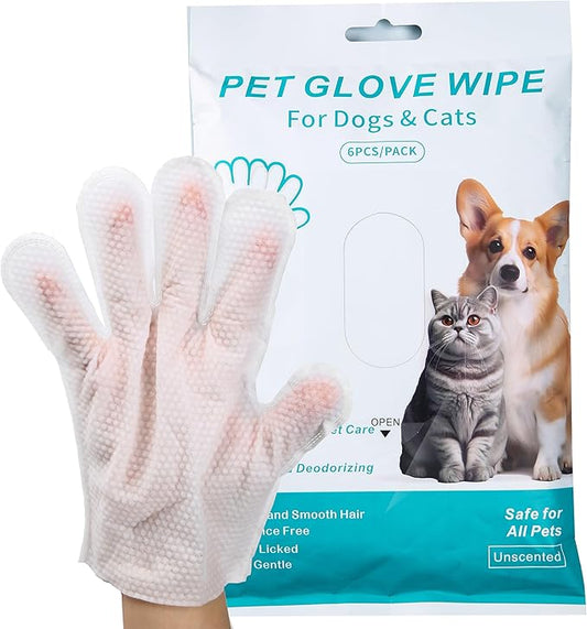 Pet Cleaning & Grooming Glove Wipes, Hypoallergenic Dog Deodorising Bath Wipes, Easy Dry Cleaning Gloves Cat Wipes, Nourishing Fur Wipes, For Grooming Between Baths & Daily Care, Travelling (6 PCS )
