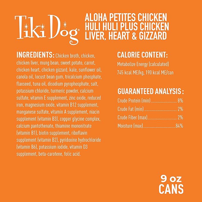 Tiki Dog Petites Grain Free, Chicken with Chicken Liver, Heart & Gizzard, Nutrient Dense Meat, for All Dog Breeds and All Life Stages, 9 oz. Can, Pack of 8